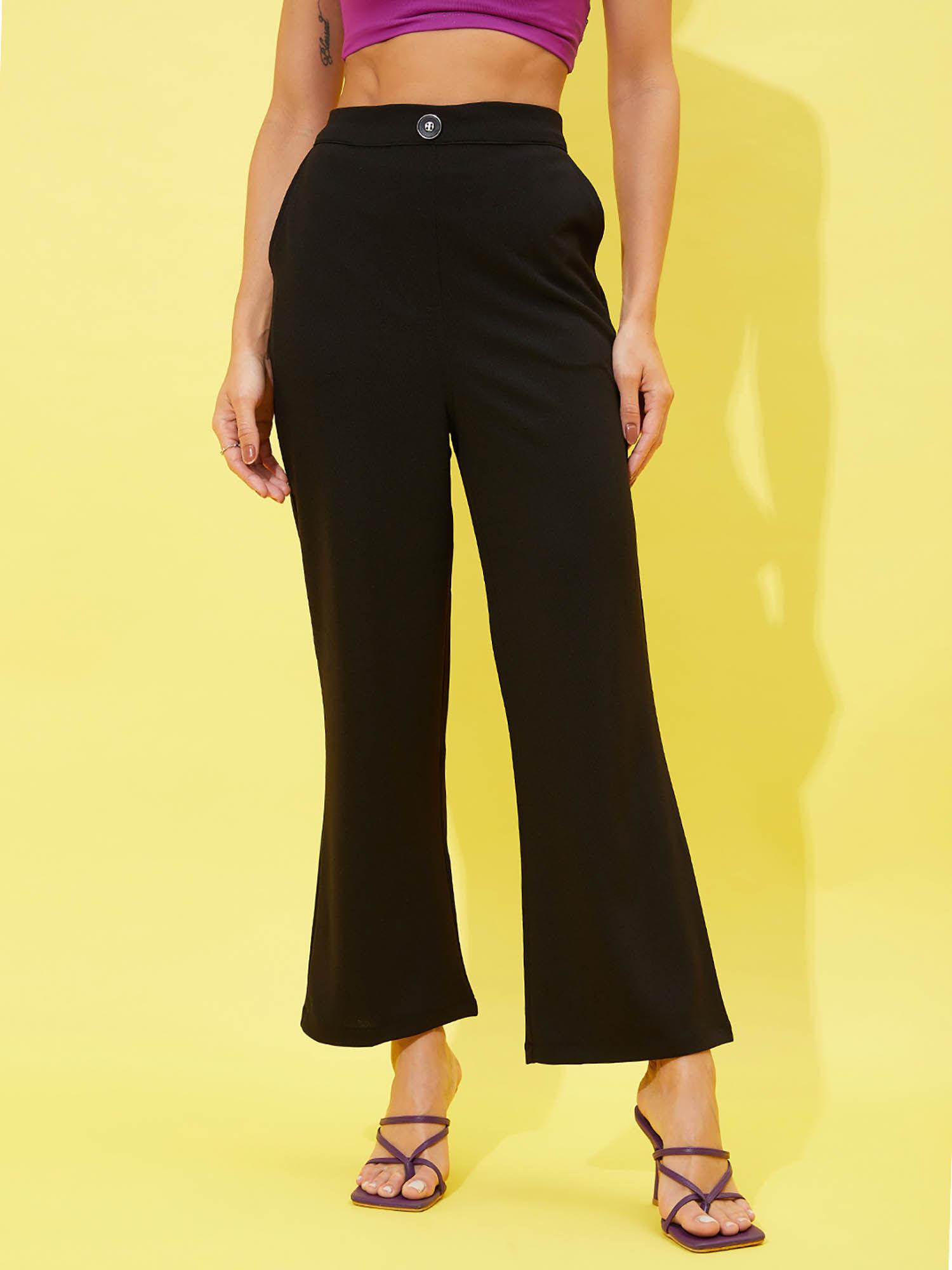 women solid wide leg black trouser