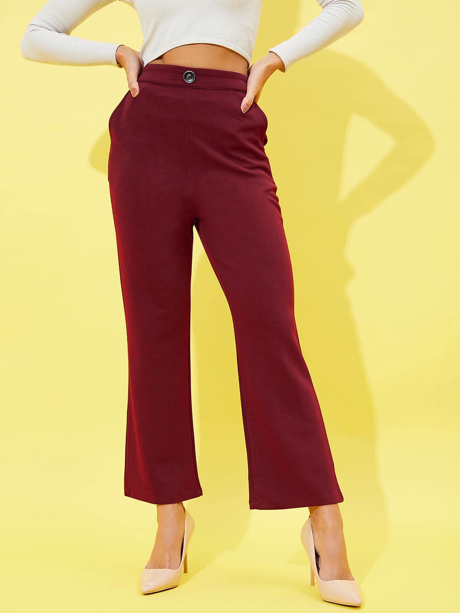 women solid wide leg maroon trouser