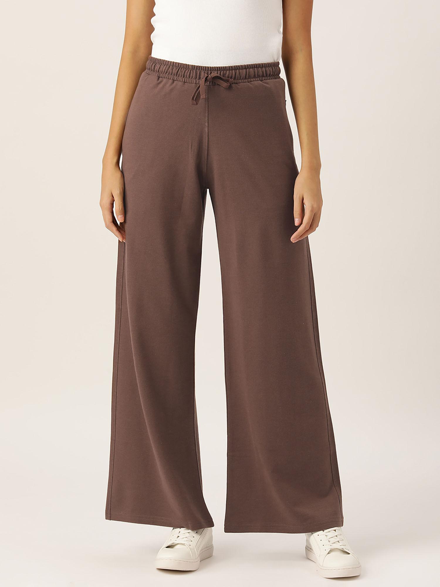 women solid wide leg straight fit track pants