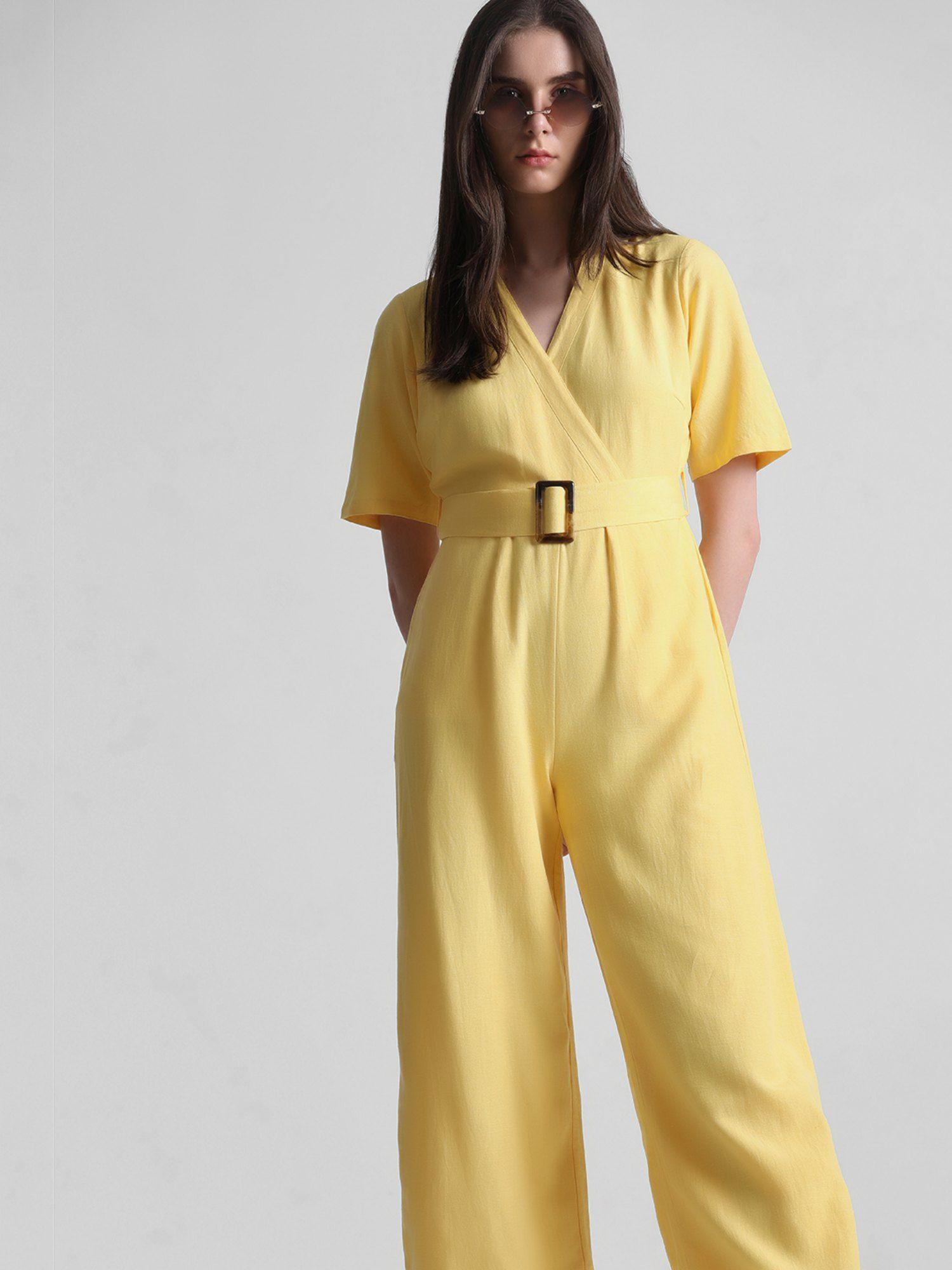 women solid yellow jumpsuit (set of 2)