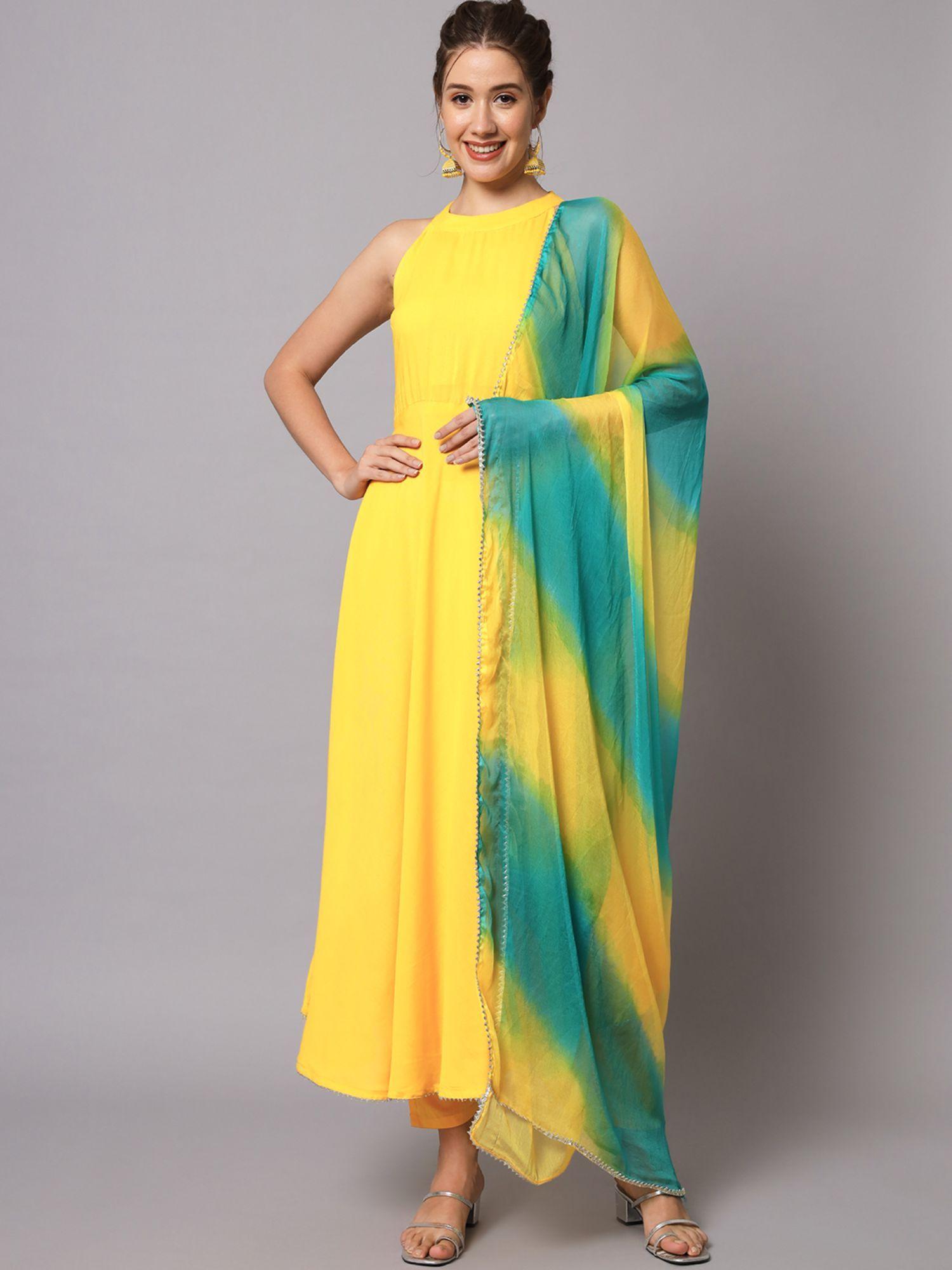 women solid yellow pleated kurta with trousers & dupatta (set of 3)