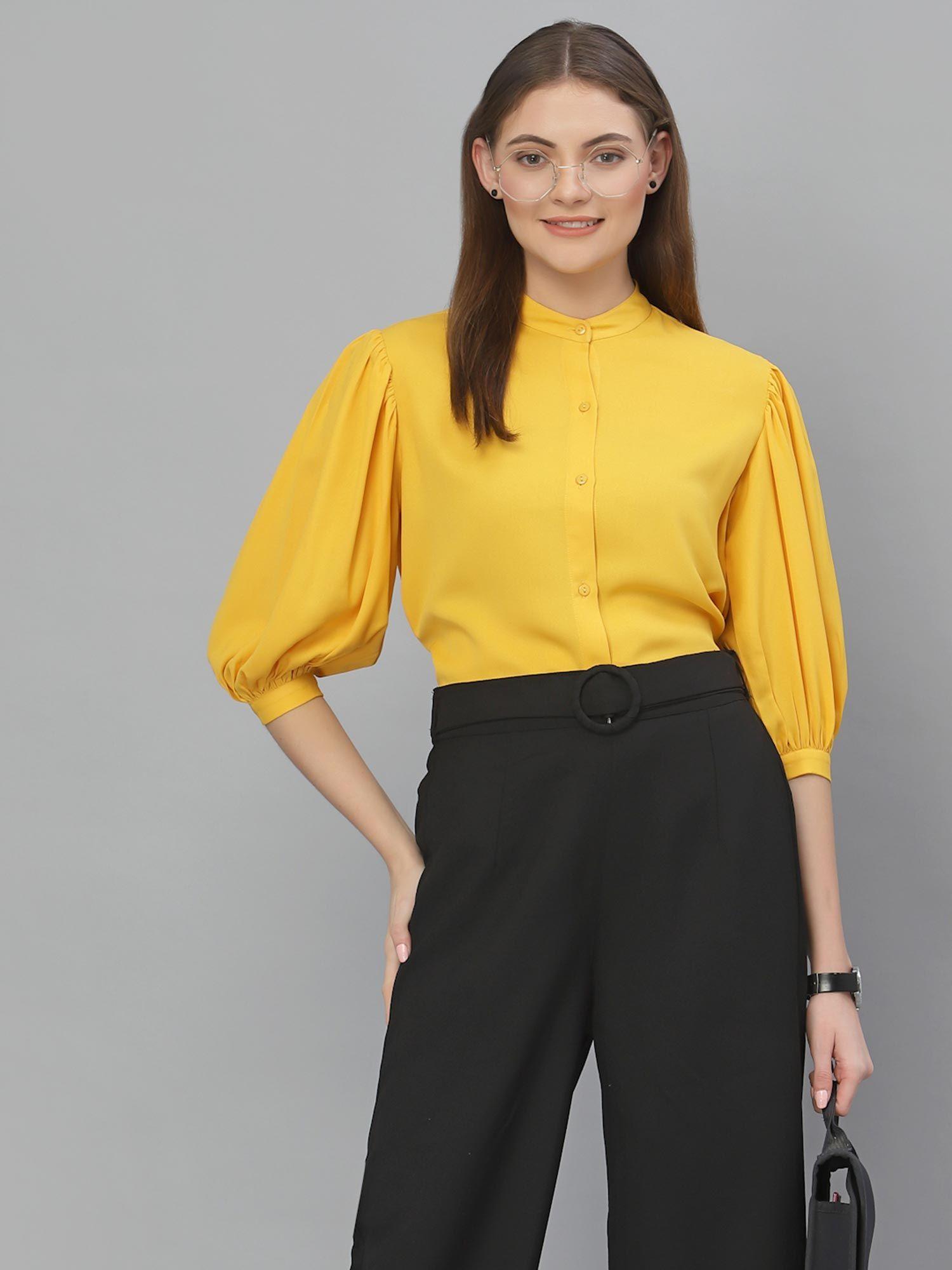 women solid yellow polymoss regular formal shirt