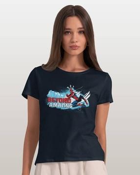 women spider-man print regular fit crew-neck t-shirt