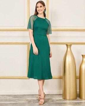 women spot mesh sleeves crepe a-line midi dress