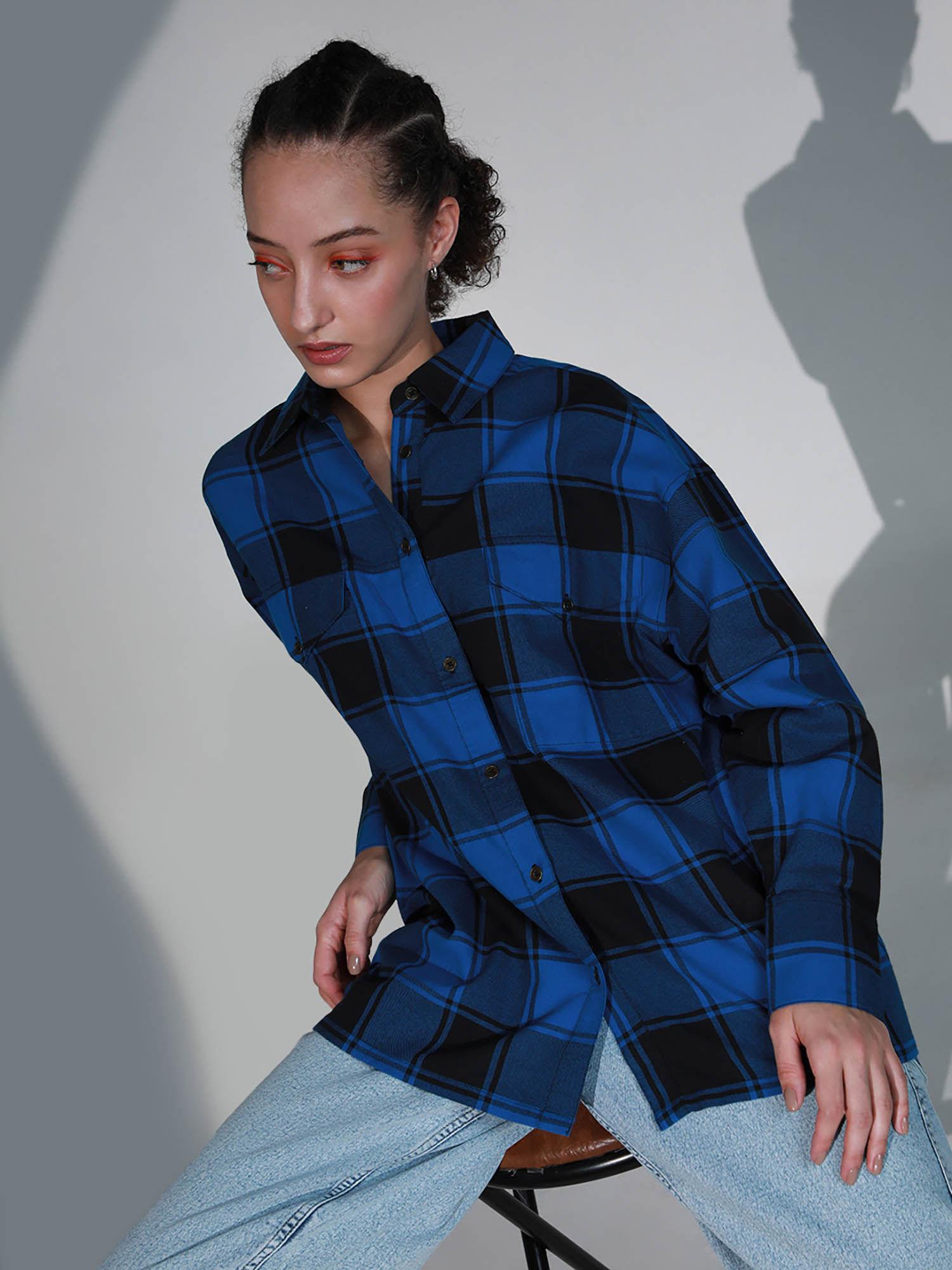 women spread collar checks oversized casual shirt blue & black