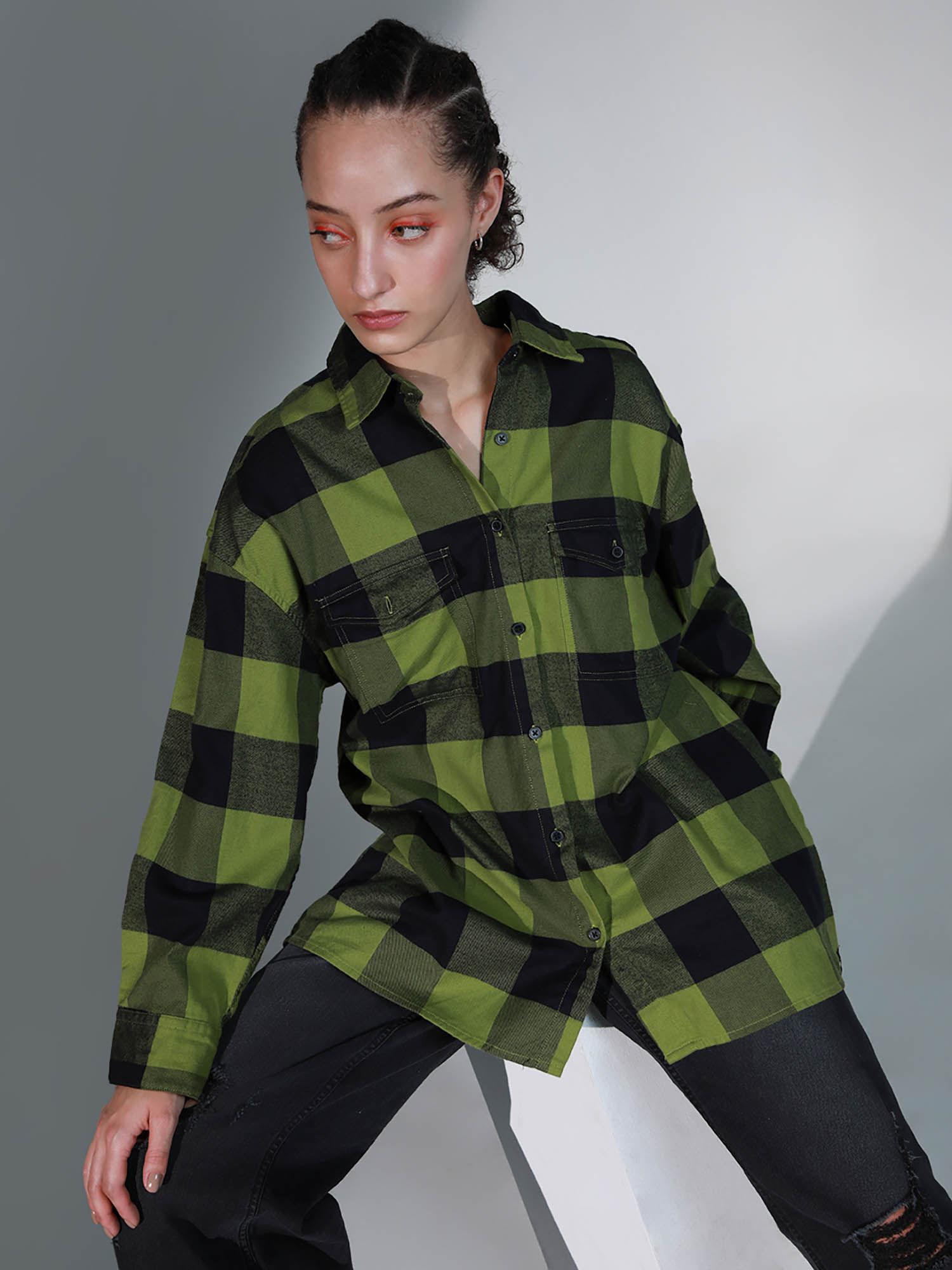 women spread collar checks oversized casual shirt green