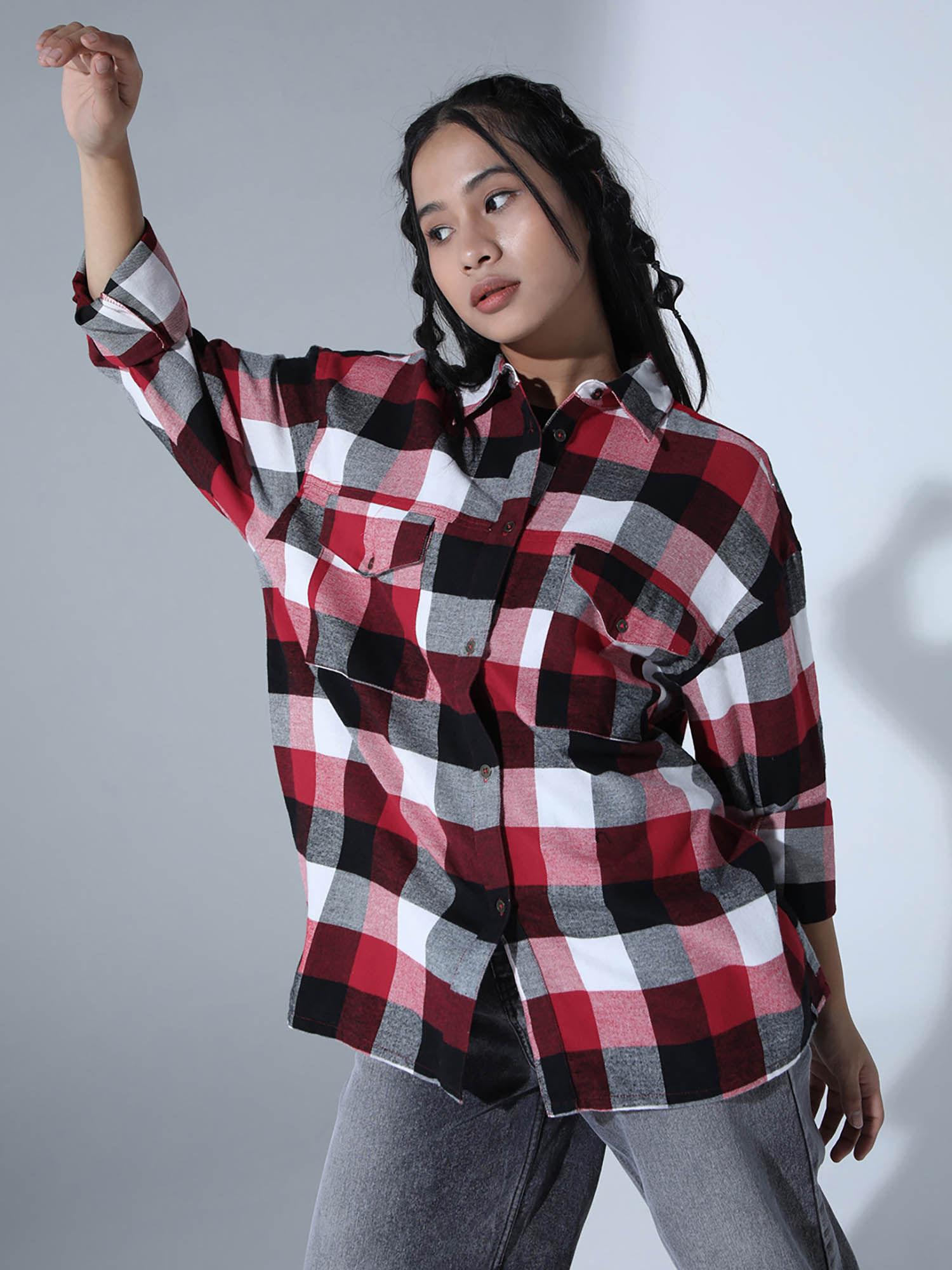 women spread collar checks oversized casual shirt multi-color