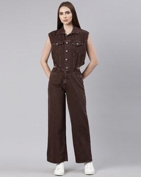 women spread-collar jumpsuit with flap pockets