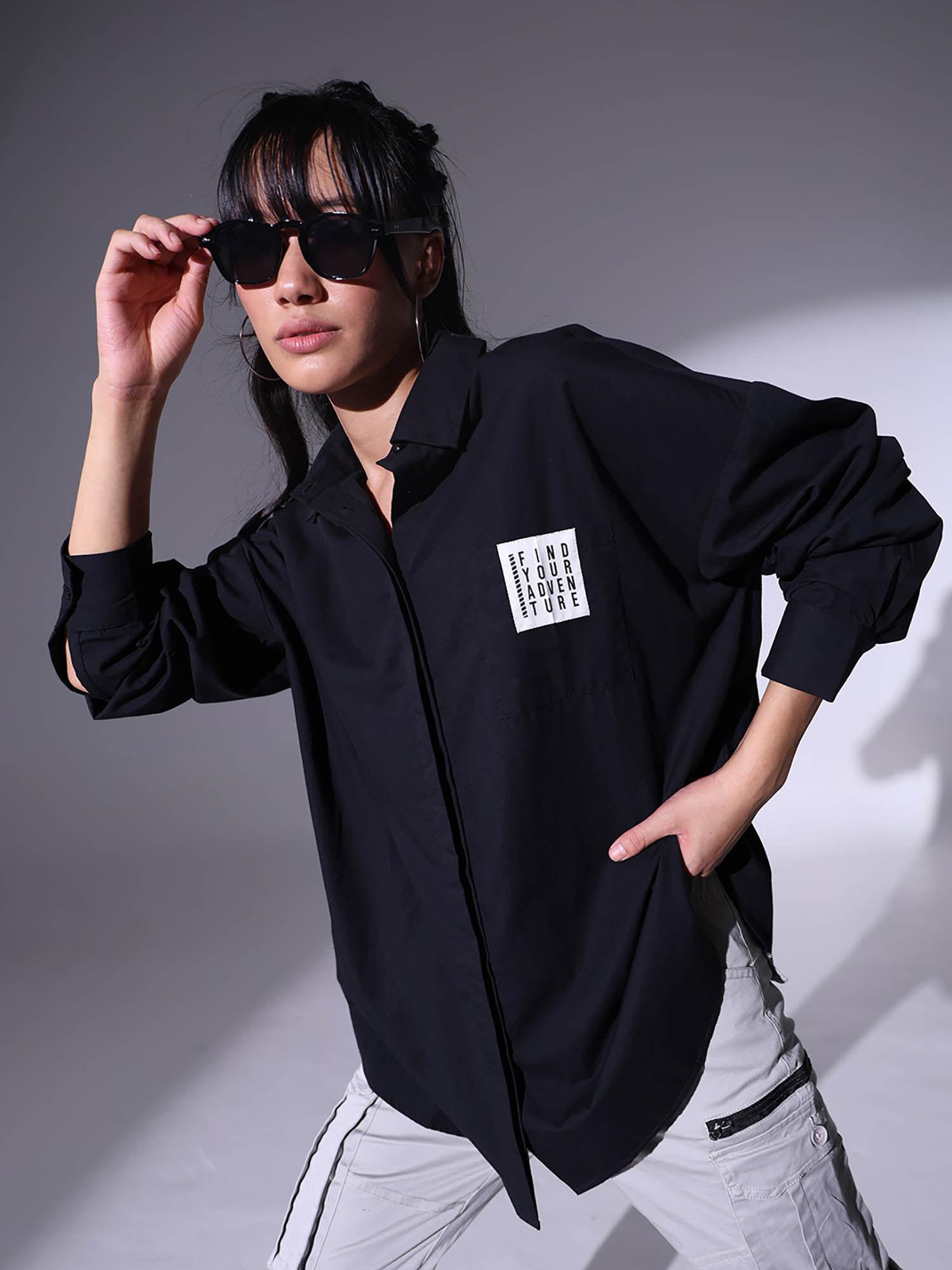 women spread collar solid oversized casual shirt black