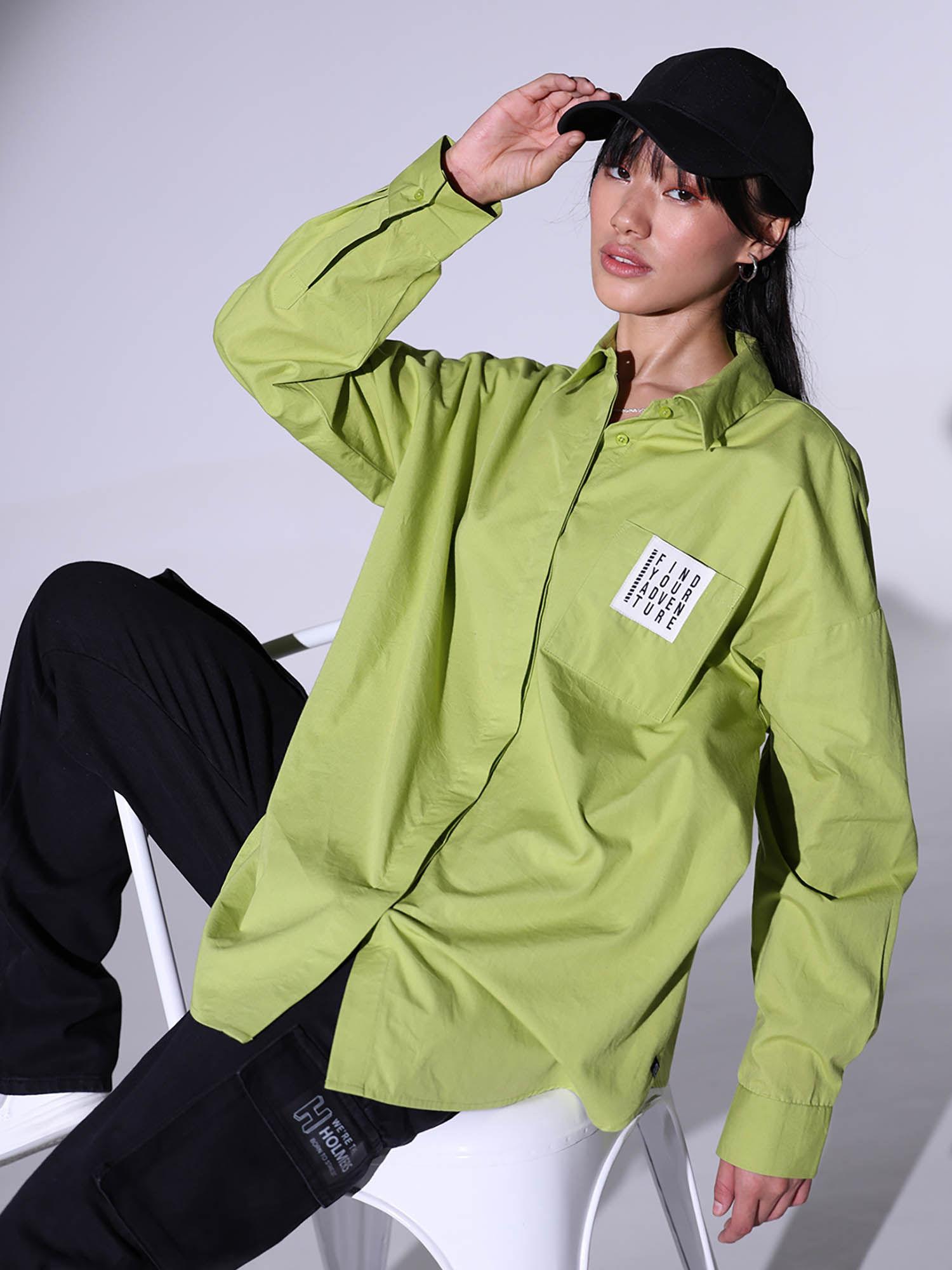 women spread collar solid oversized casual shirt green