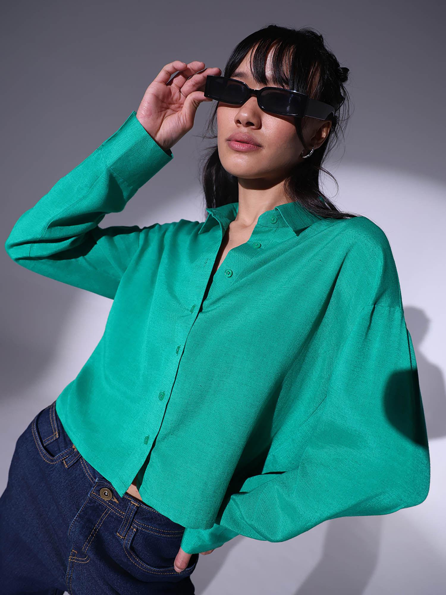 women spread collar solid oversized casual shirt green