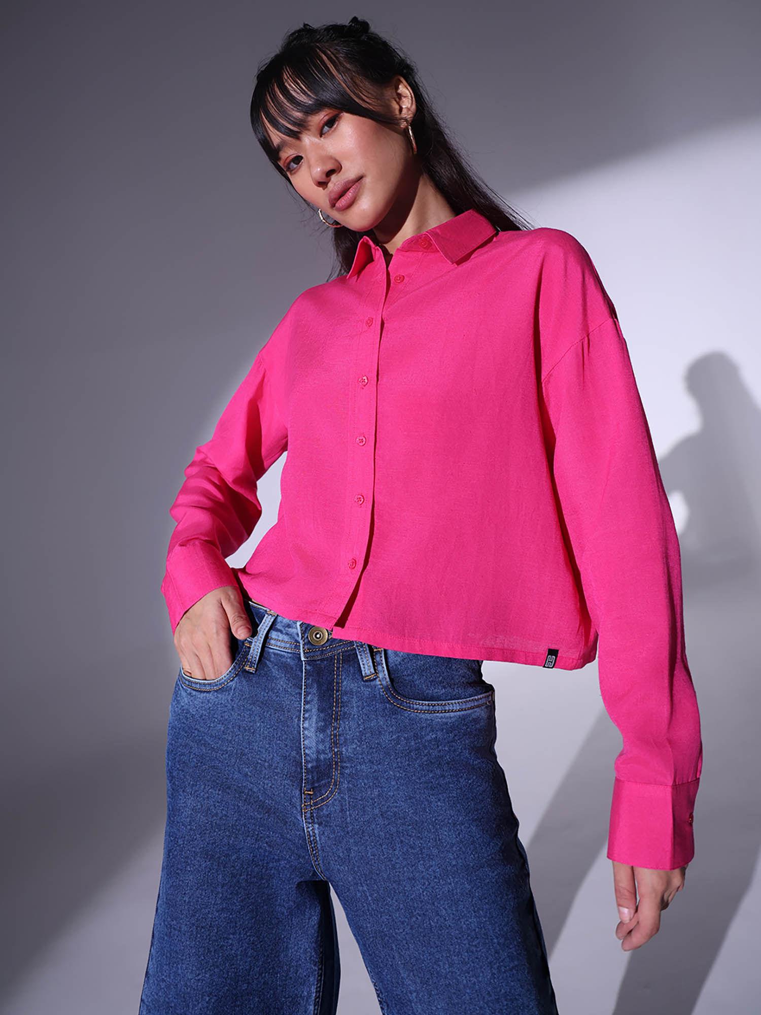 women spread collar solid oversized casual shirt pink