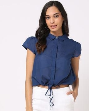 women spread collar top with embroidered accent