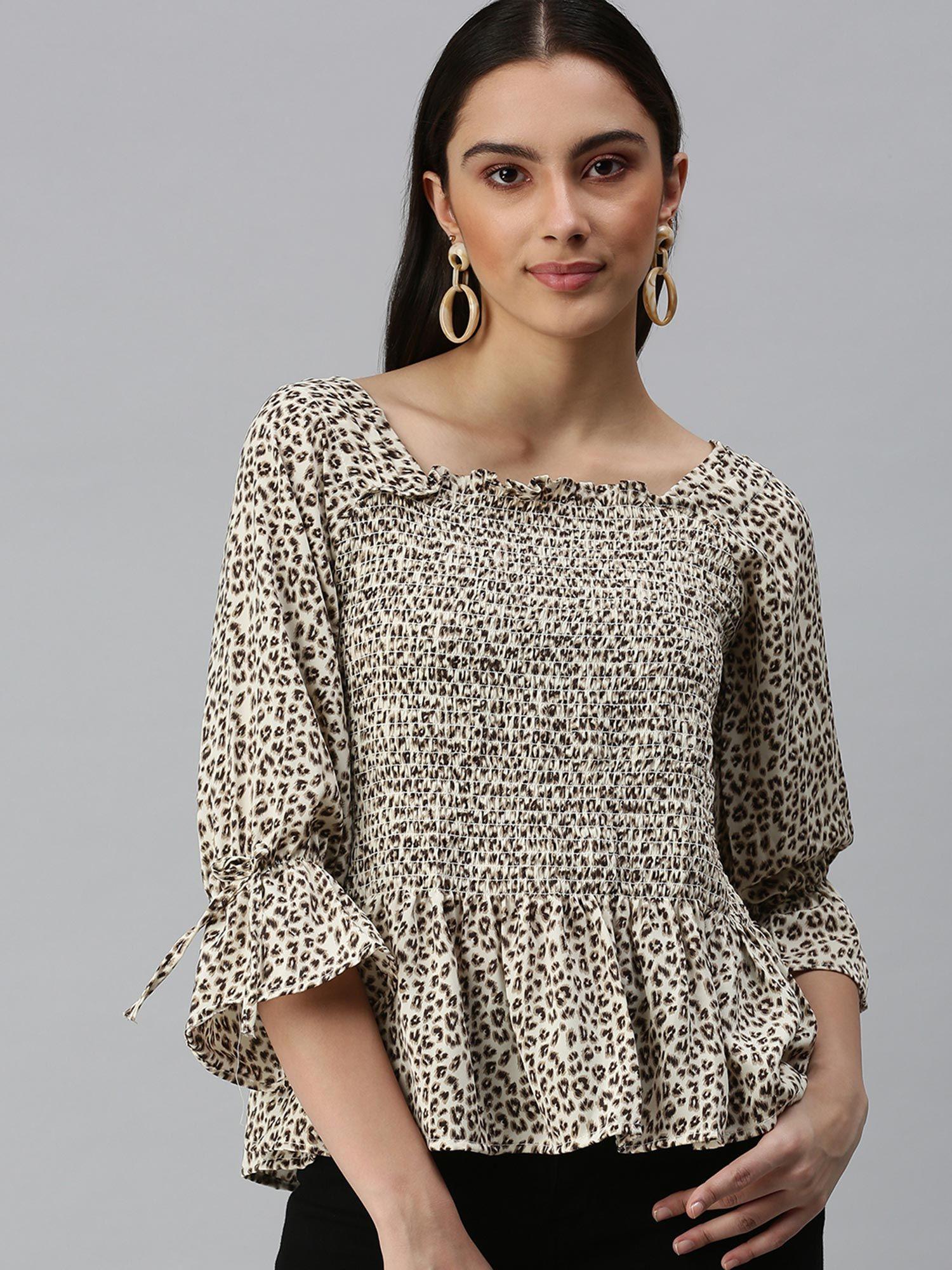 women square neck bell sleeves animal print beige top