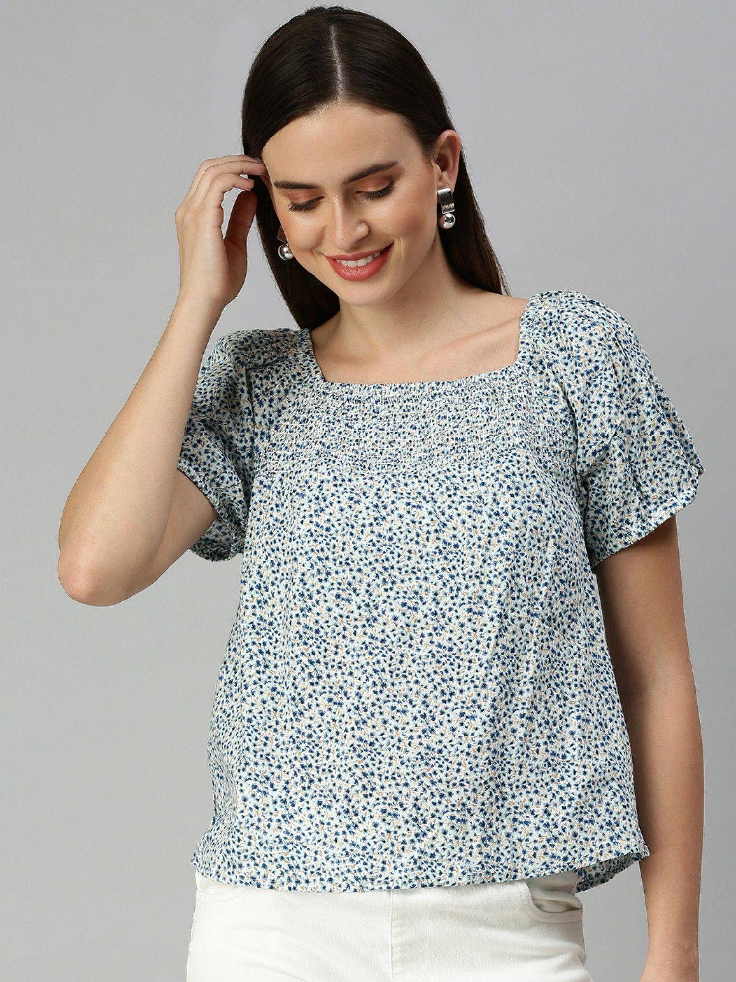 women square neck floral white regular top