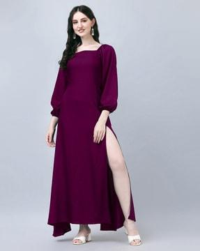women square-neck gown dress with side slit