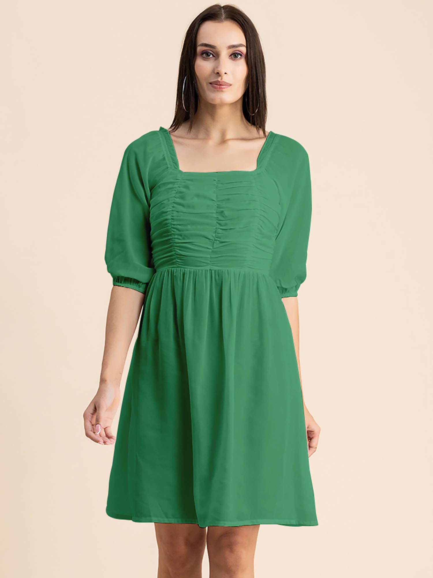 women square neck green solid knee length dress