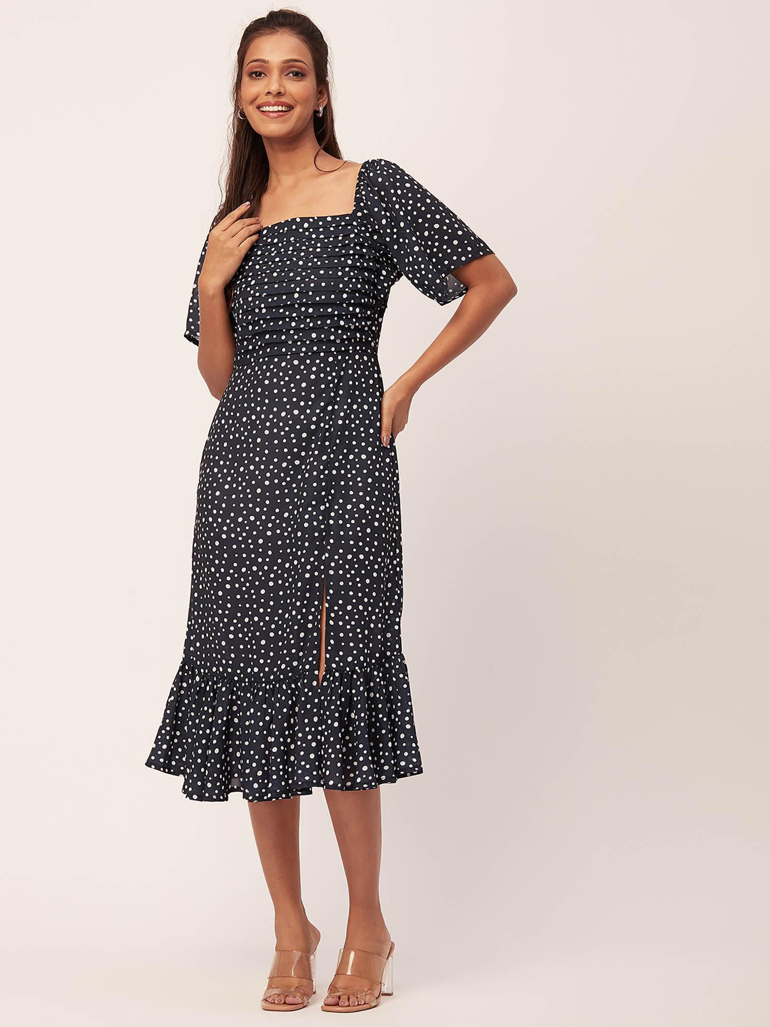 women square neck navy blue polka dots midi dress