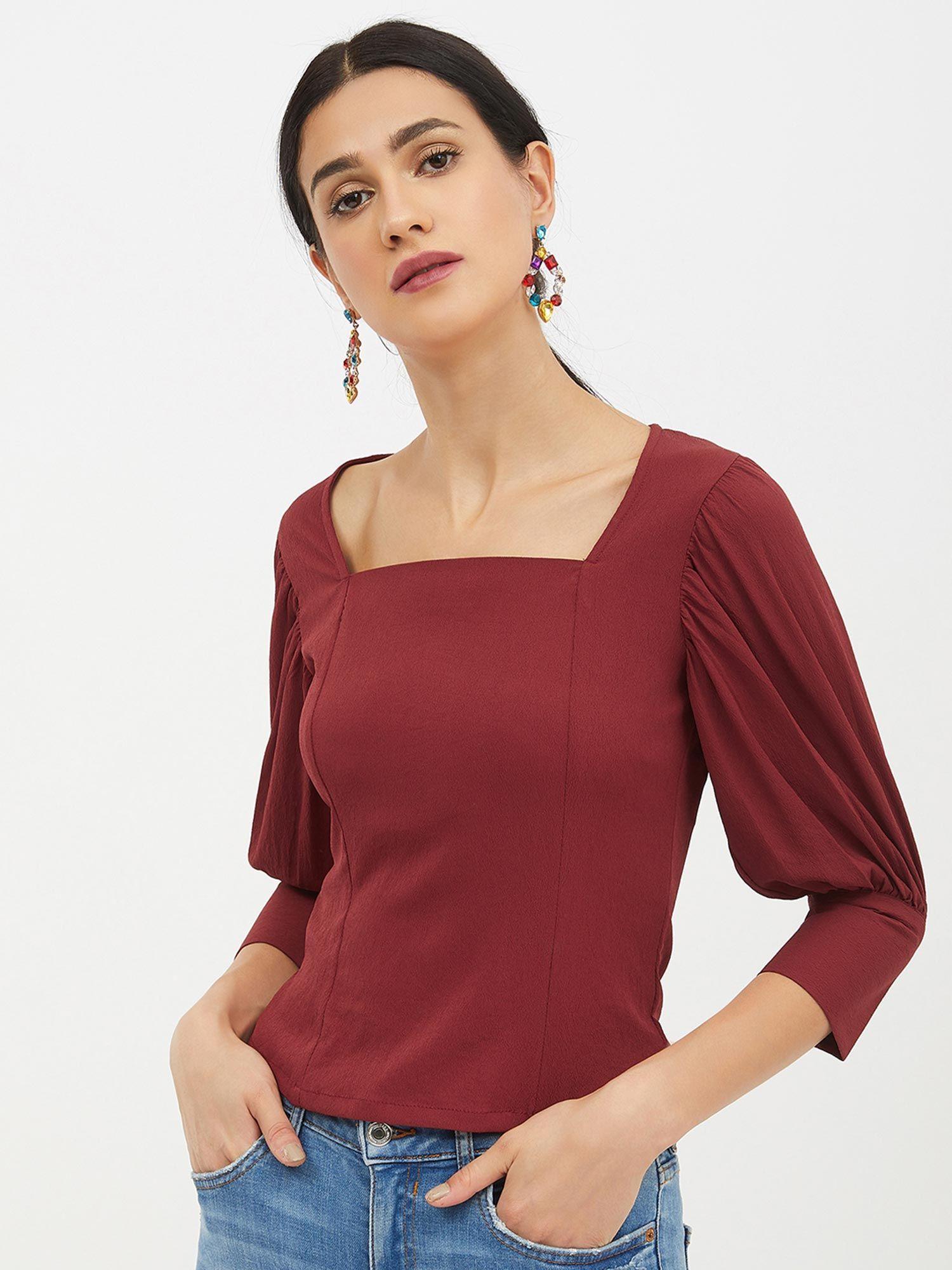 women square neck three-quarter sleeves solid top