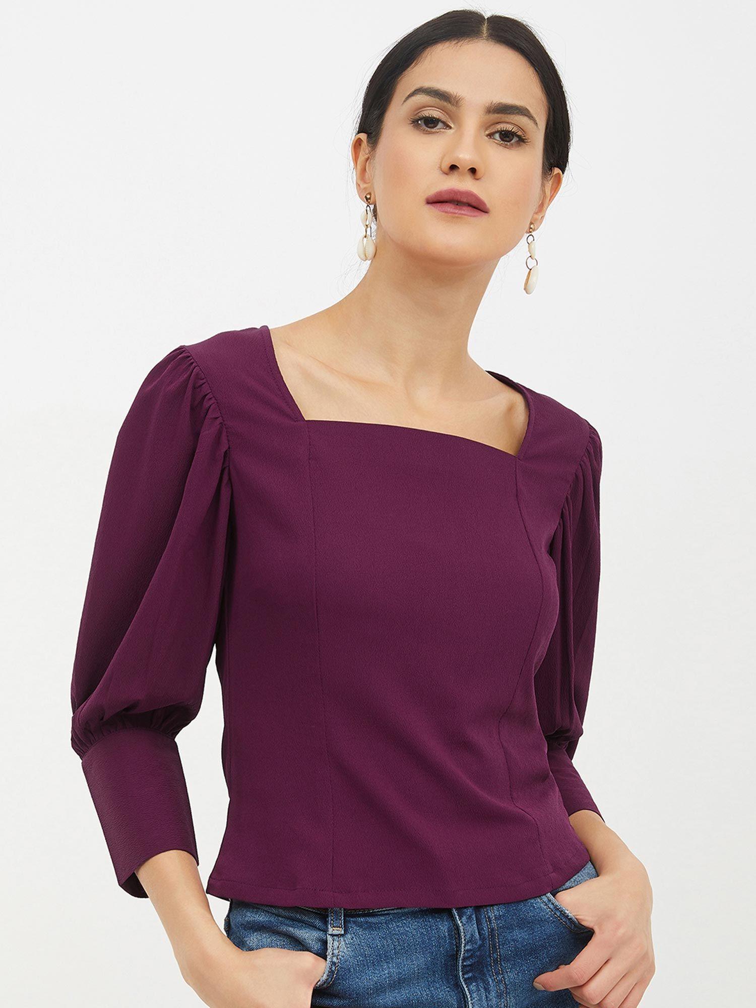 women square neck three-quarter sleeves solid top