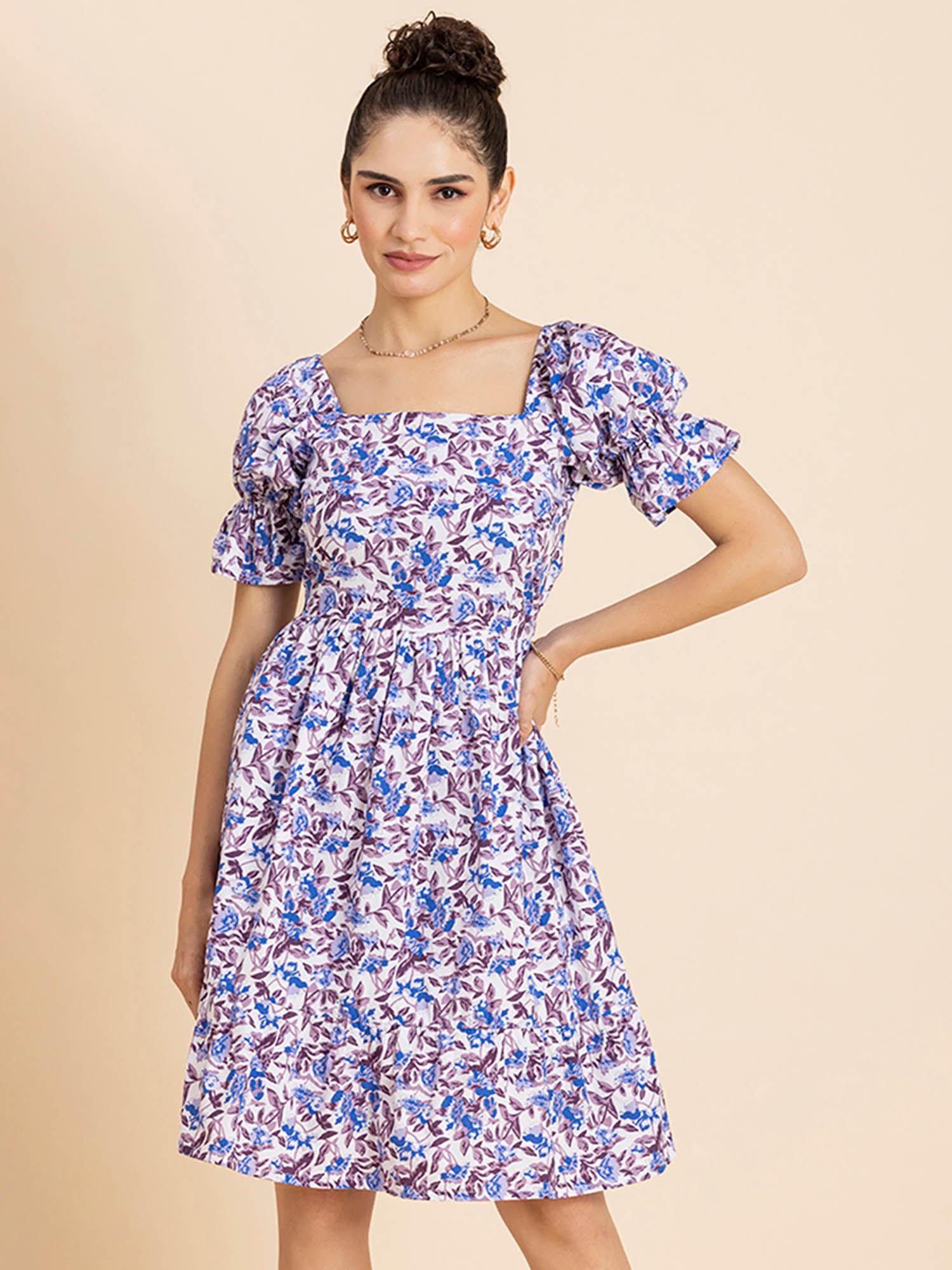 women square neck white floral printed knee length dress