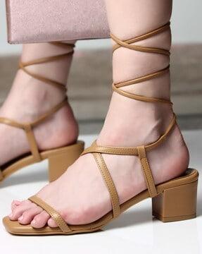 women square-toe tie-up black heeled sandals