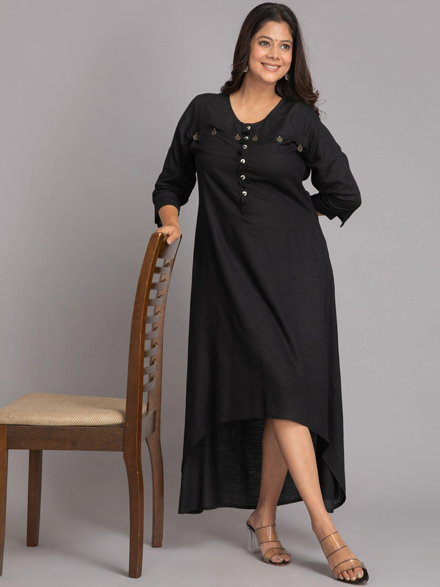 women staple rayon solid dress kurti embellished with metal & tassels black