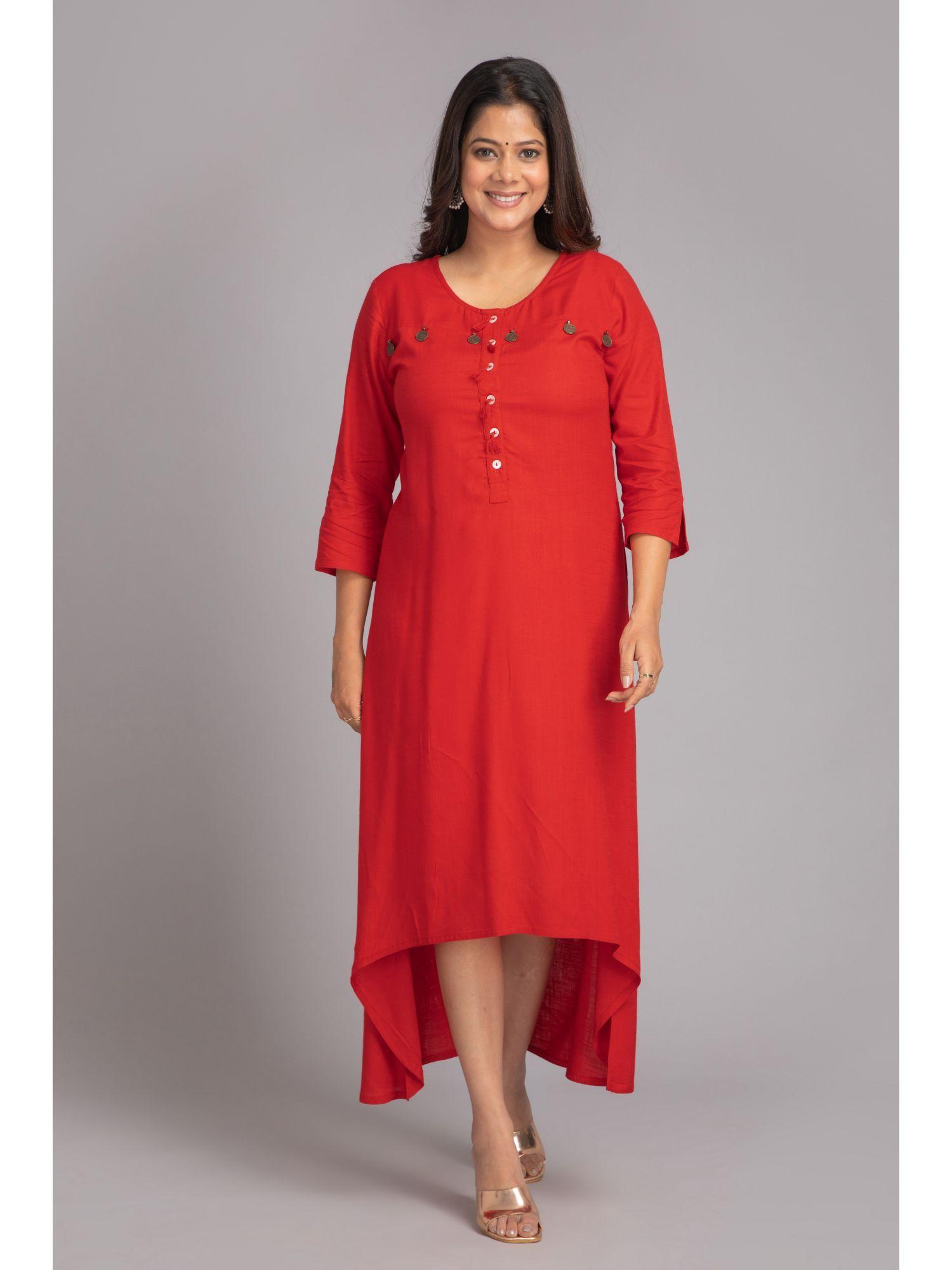 women staple rayon solid dress kurti embellished with metal & tassels red