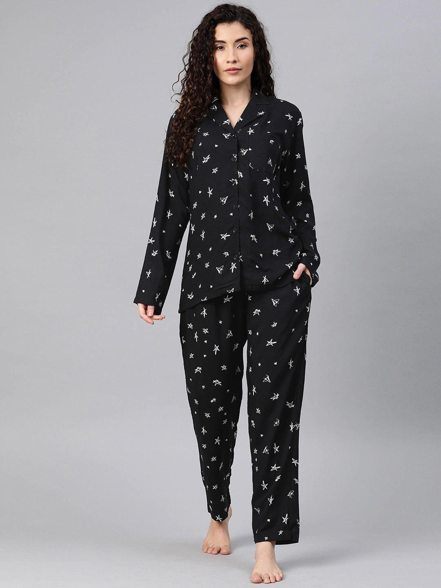 women star print night suit - black