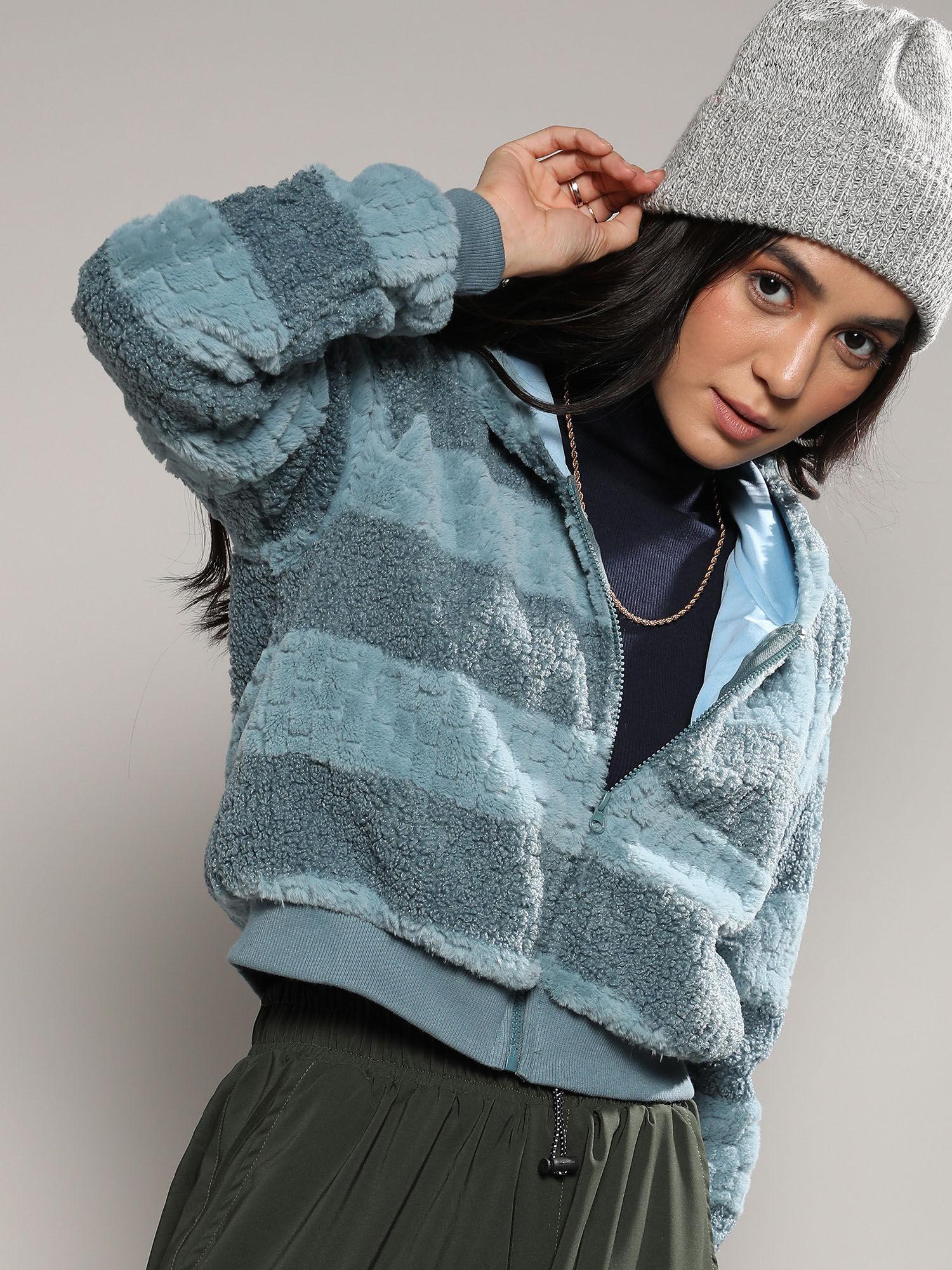 women steel blue fleece horizontal striped jacket