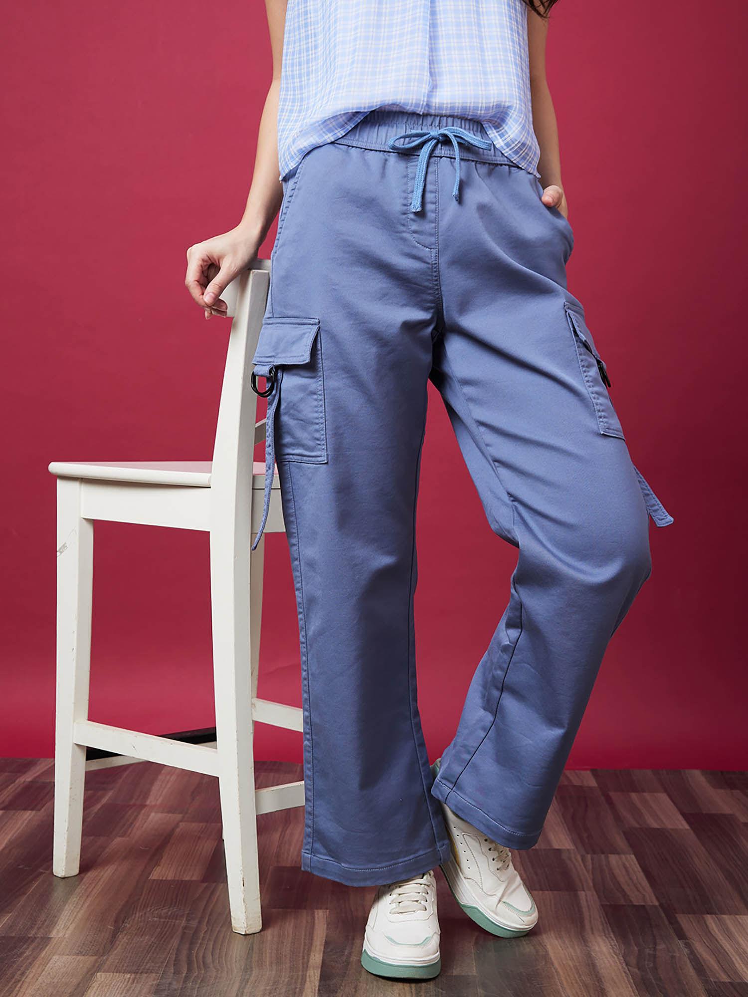 women steel blue mid-rise elasticated drawstring waist straight fit cargo trousers