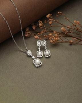 women sterling steel stone-studded pendant with chain & earrings set