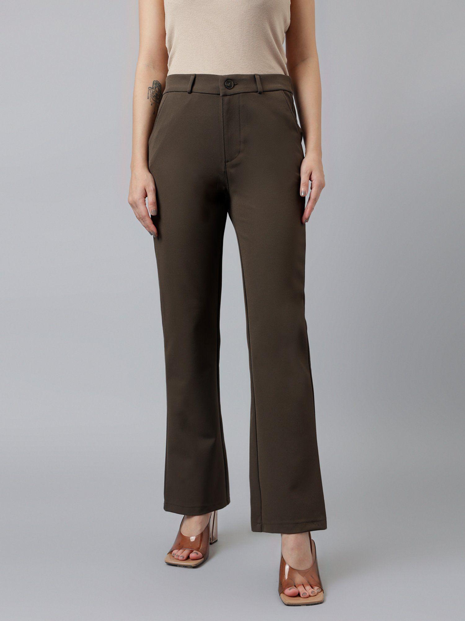 women stone brown comfort fit high rise straight trouser