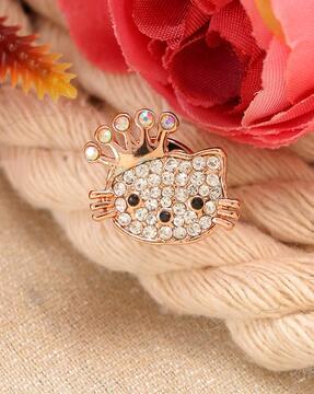women stone-studded kitty brooch with heart-shaped pillow shaped