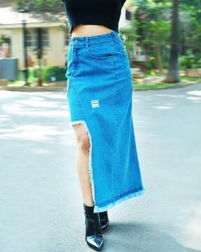 women straight denim skirt with cutout