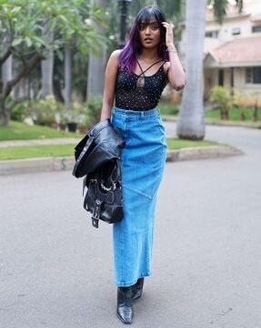 women straight denim skirt