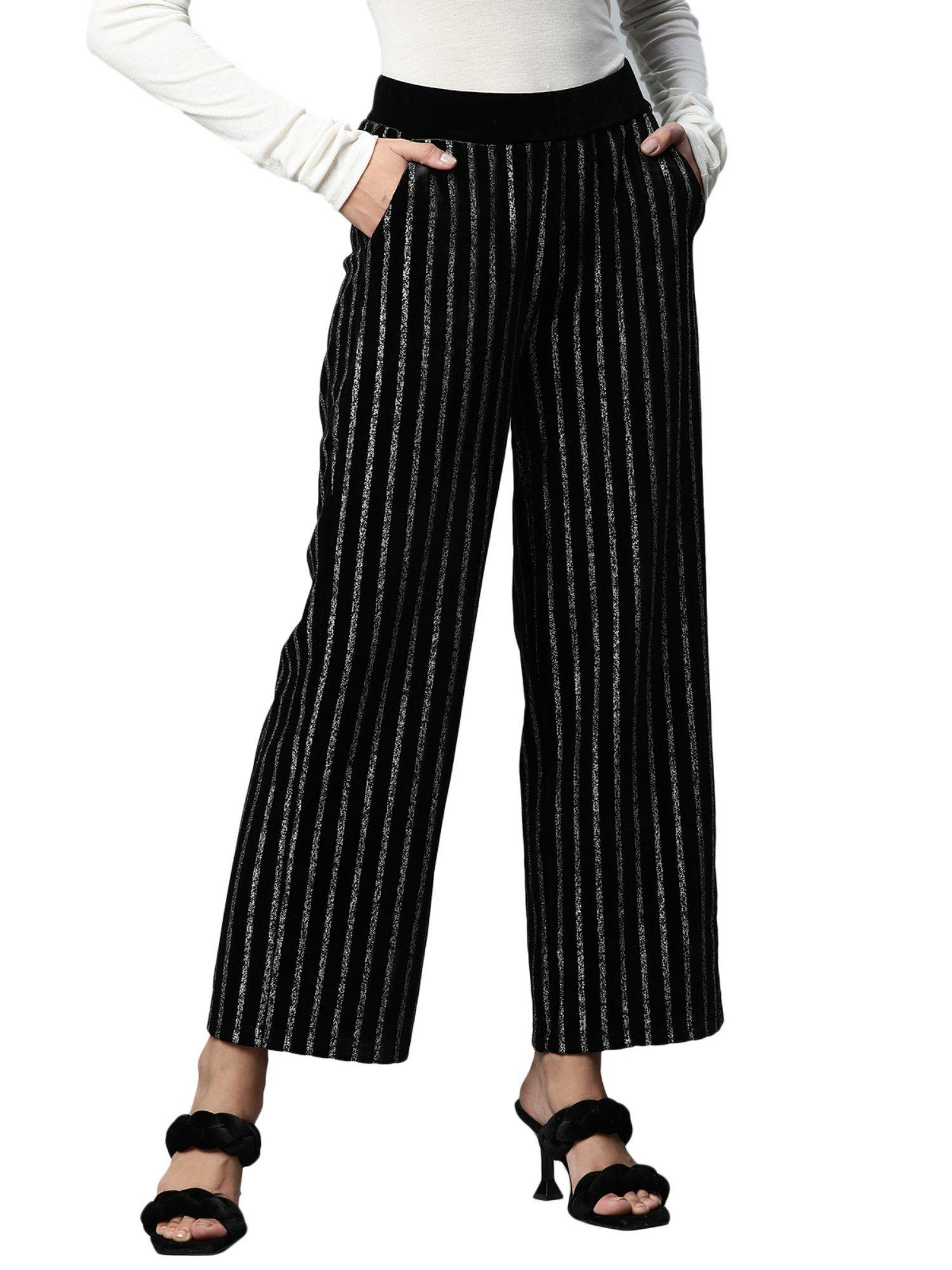 women straight fit ankle length black striped foil printed velvet trousers