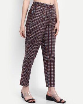 women straight fit checked pleated trousers