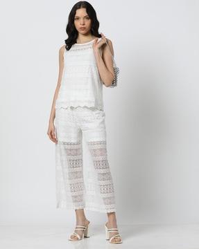 women straight fit flat-front lace trousers