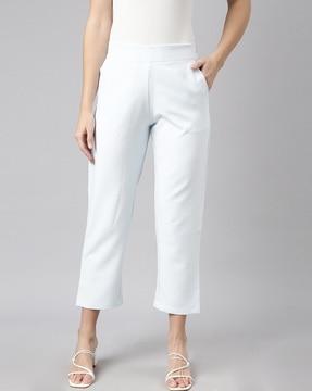 women straight fit flat-front pants with elasticated waist
