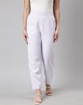 women straight fit flat-front pants with elasticated waist