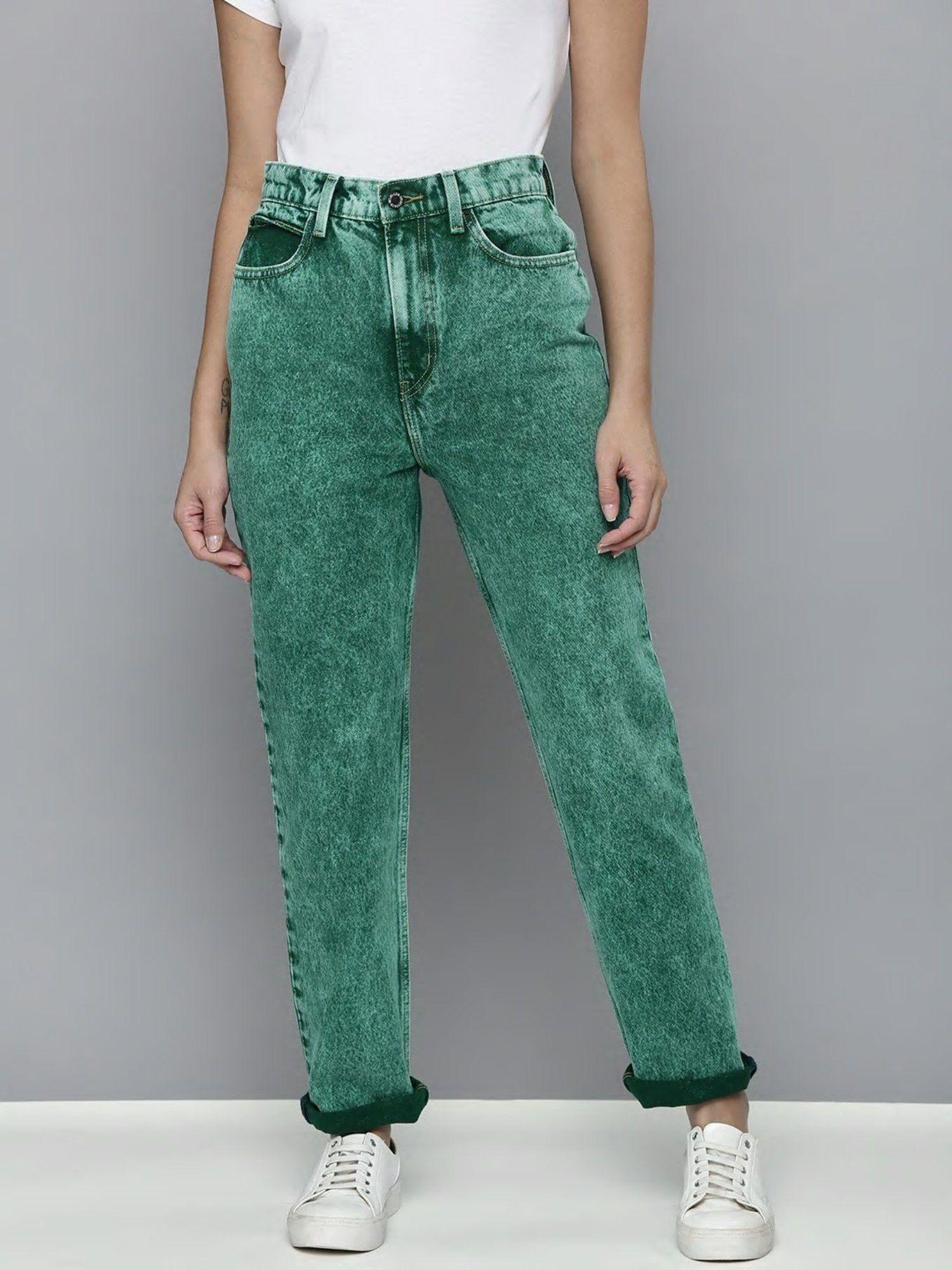 women straight fit jeans- green