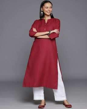 women straight fit kurta with button accent