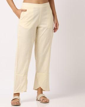 women straight fit pants with overlap hem