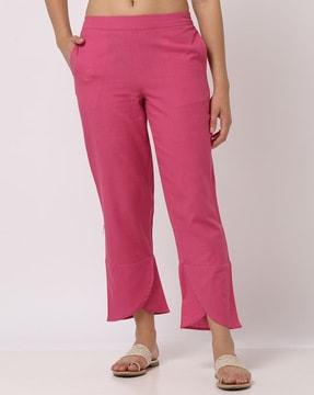 women straight fit pants with overlap hem