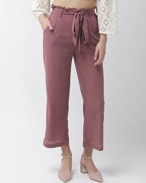 women straight fit pleated pants with tie-up belt