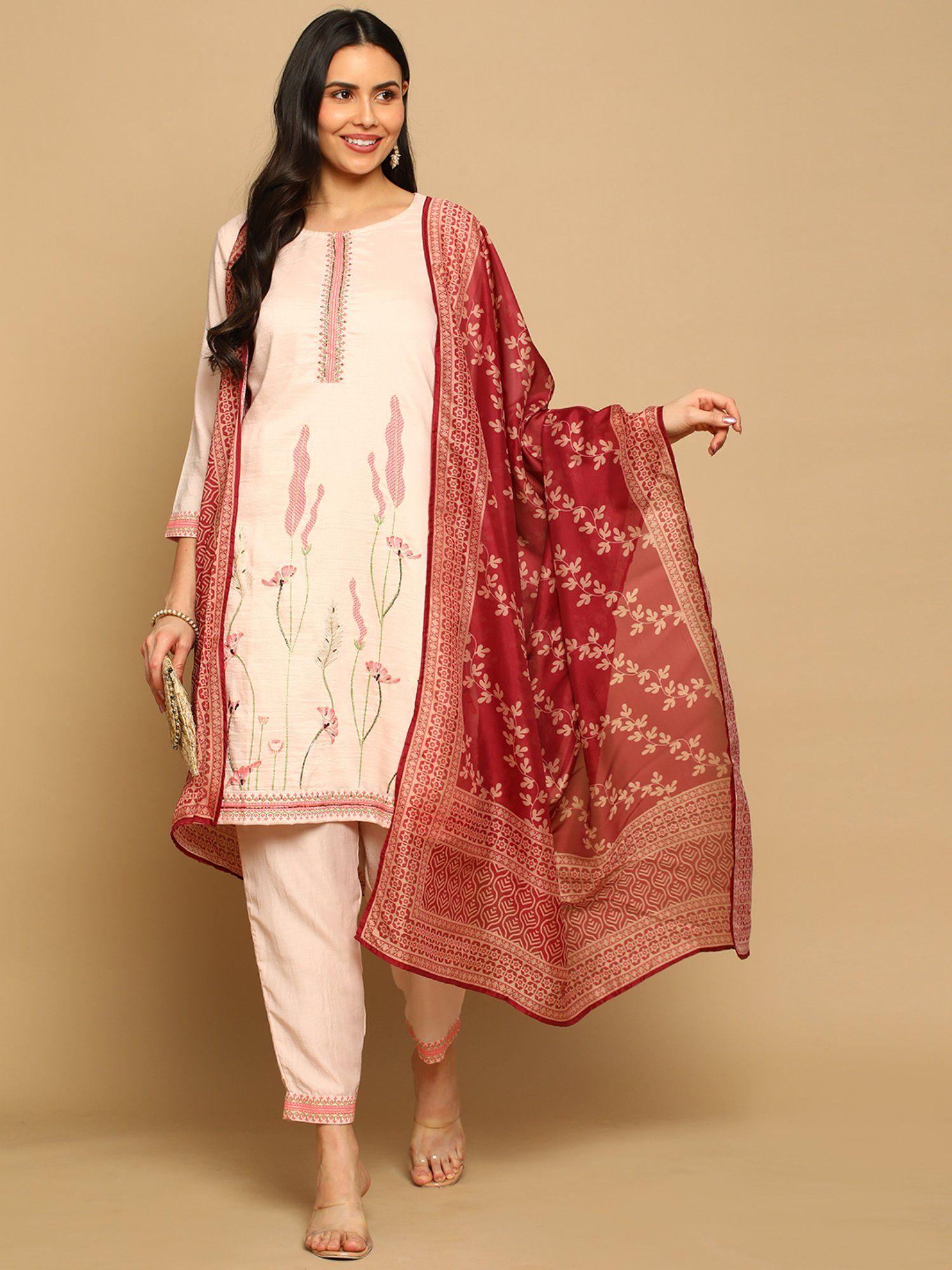 women straight foil printed kurta with dupatta and intricate handwork (set of 3)