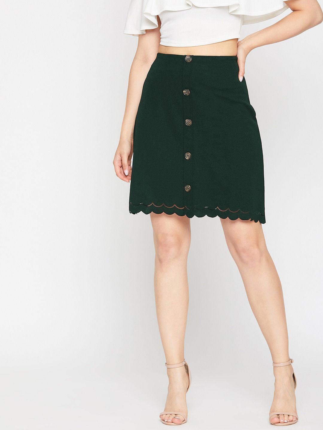 women straight green colour solid above knee skirt