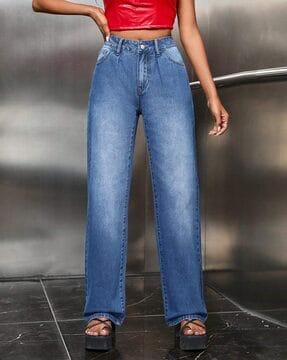 women straight high waist jeans with insert pockets
