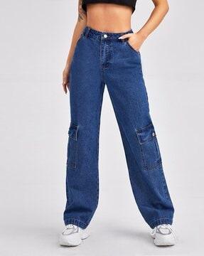 women straight jeans with cargo pockets